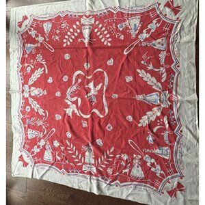 Vintage Dutch 1950’s 60’s Tablecloth Red Ivory Square 52”